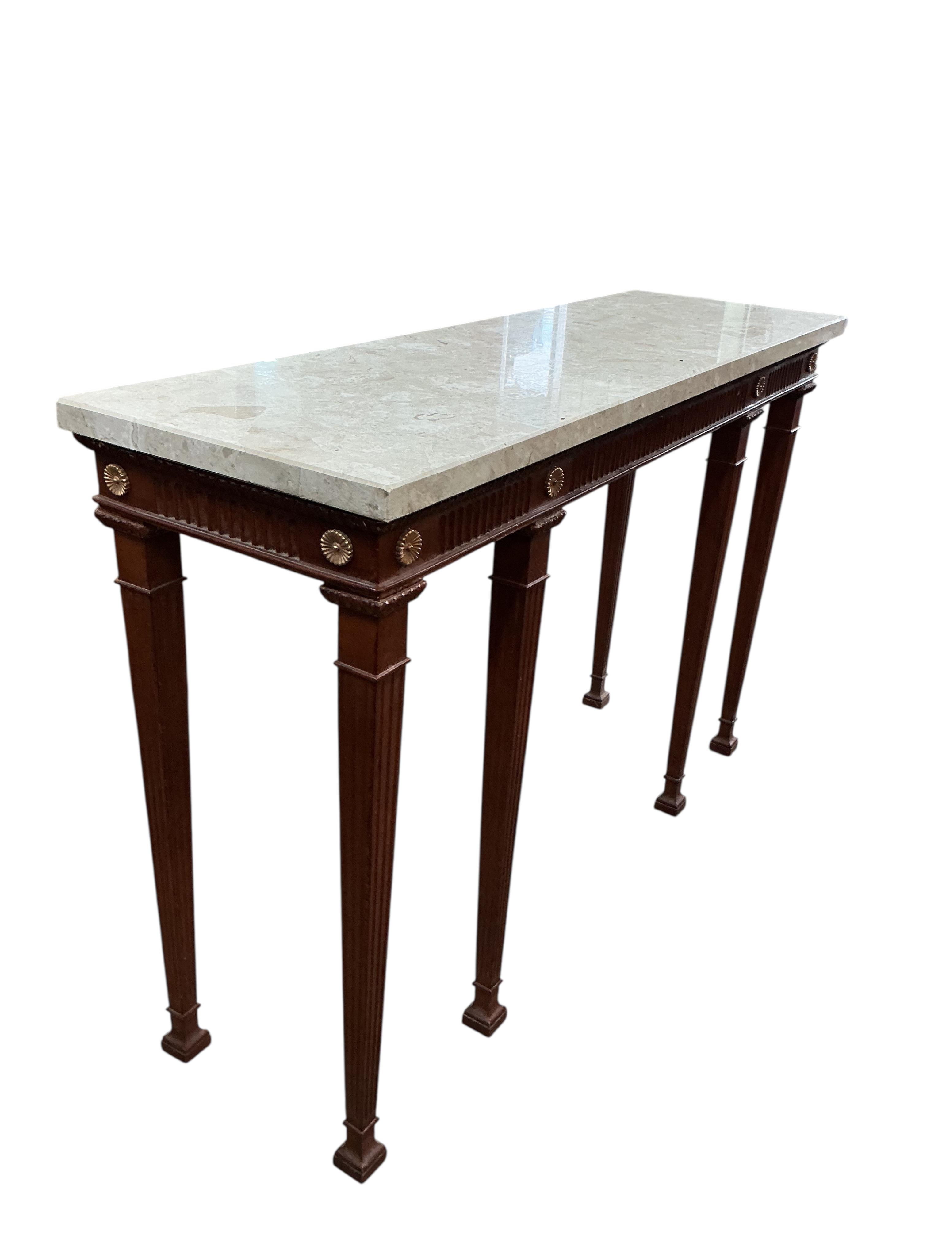 A George III style marble top console table, width 121cm, depth 38cm, height 81cm